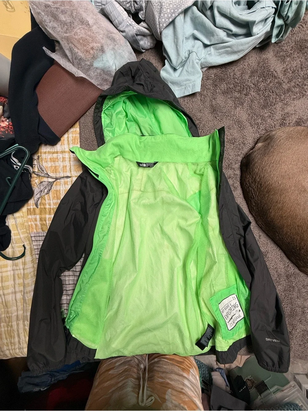 The North Face Kids Black Raincoat with Neon Green Lining